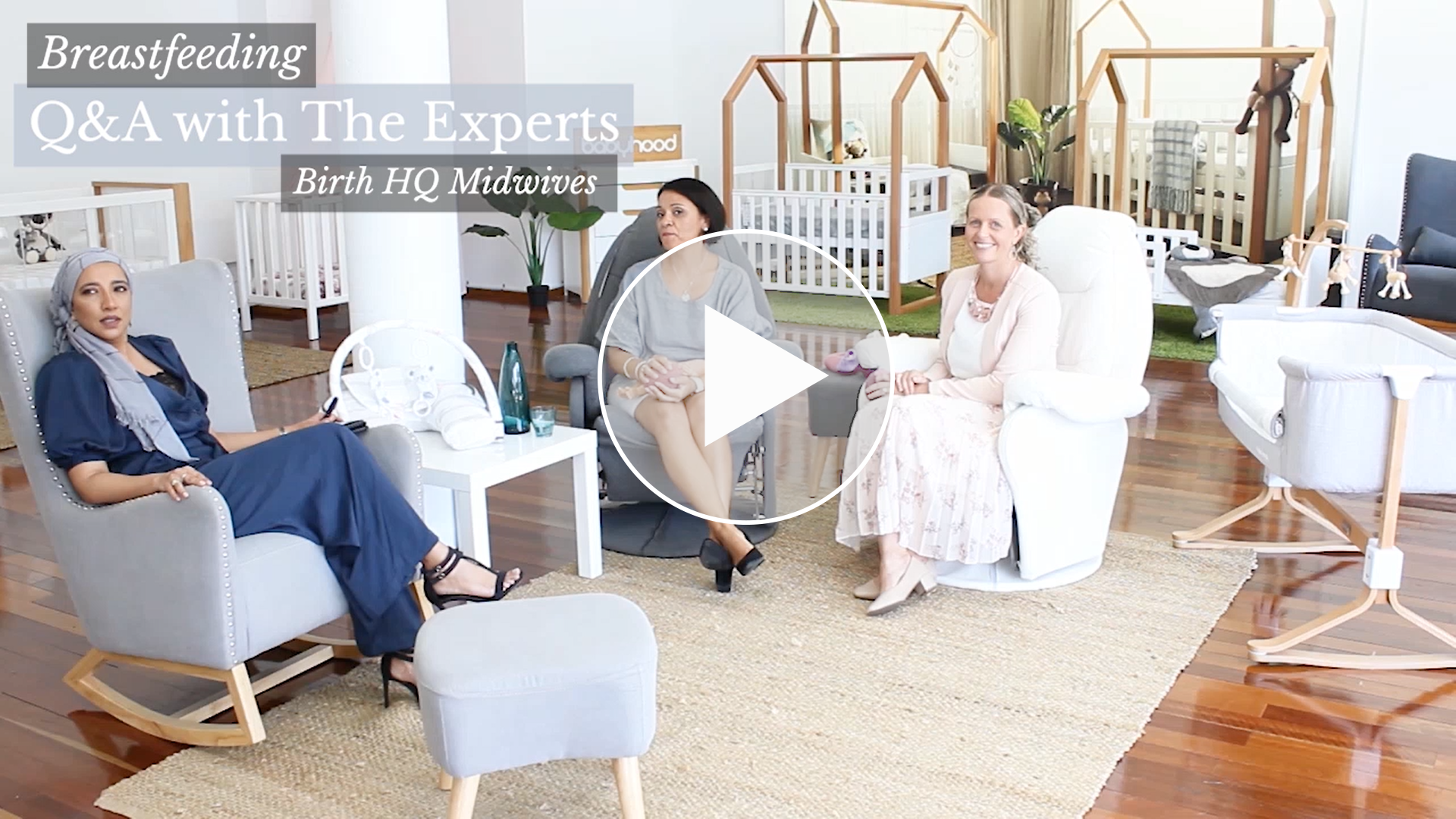 Three women sit in a modern nursery showroom discussing breastfeeding Q&A at Babyhood GCC.