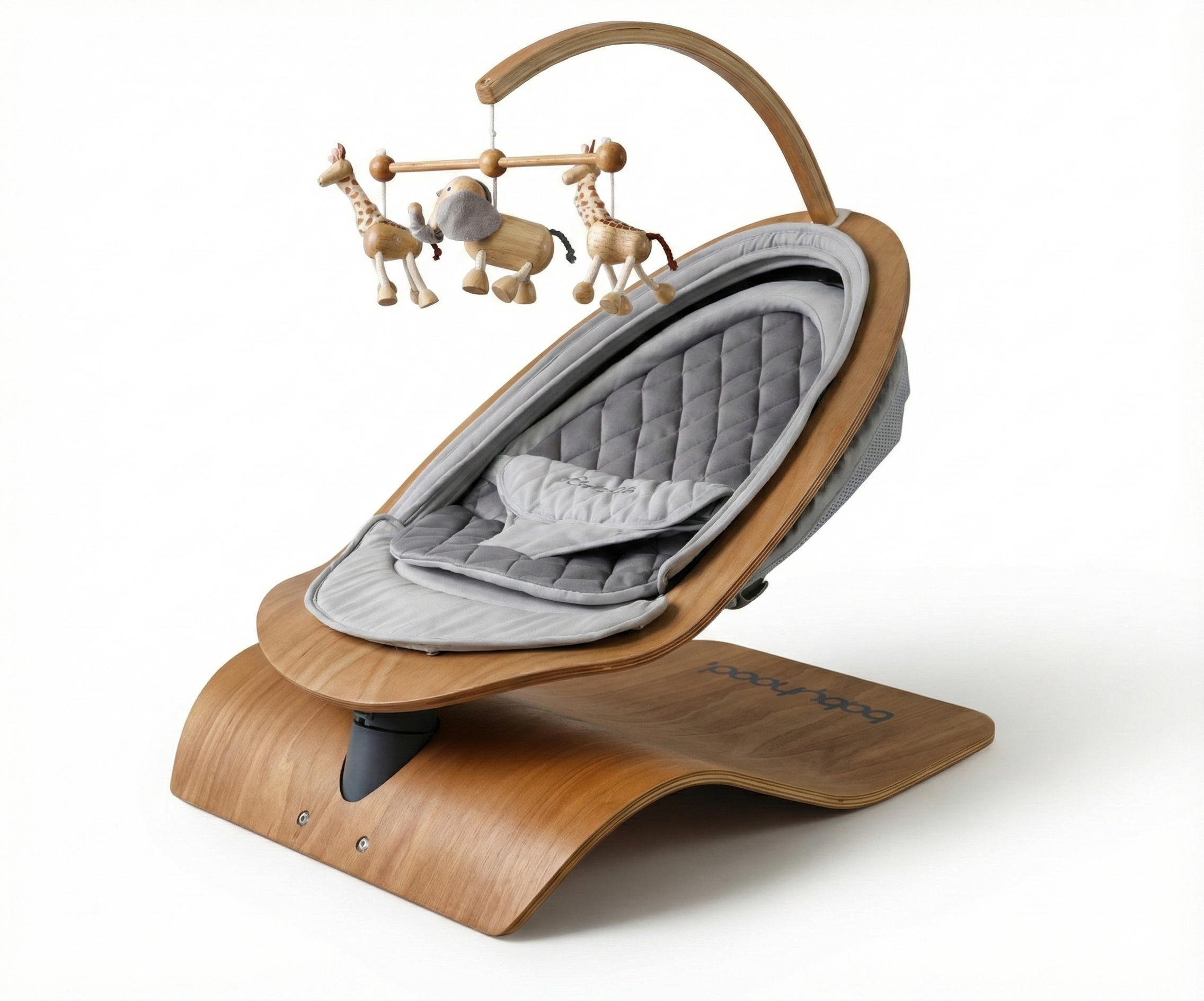 Baby in modern wooden baby rocker with hanging toys, baby gear from Babyhood GCC