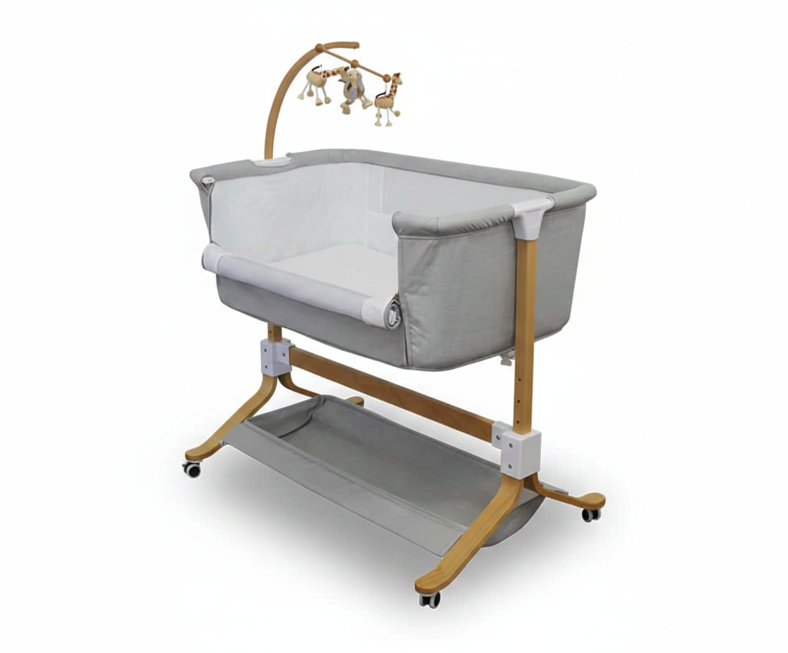 Smiling parents looking at baby in white mesh crib, Babyhood GCC nursery furniture