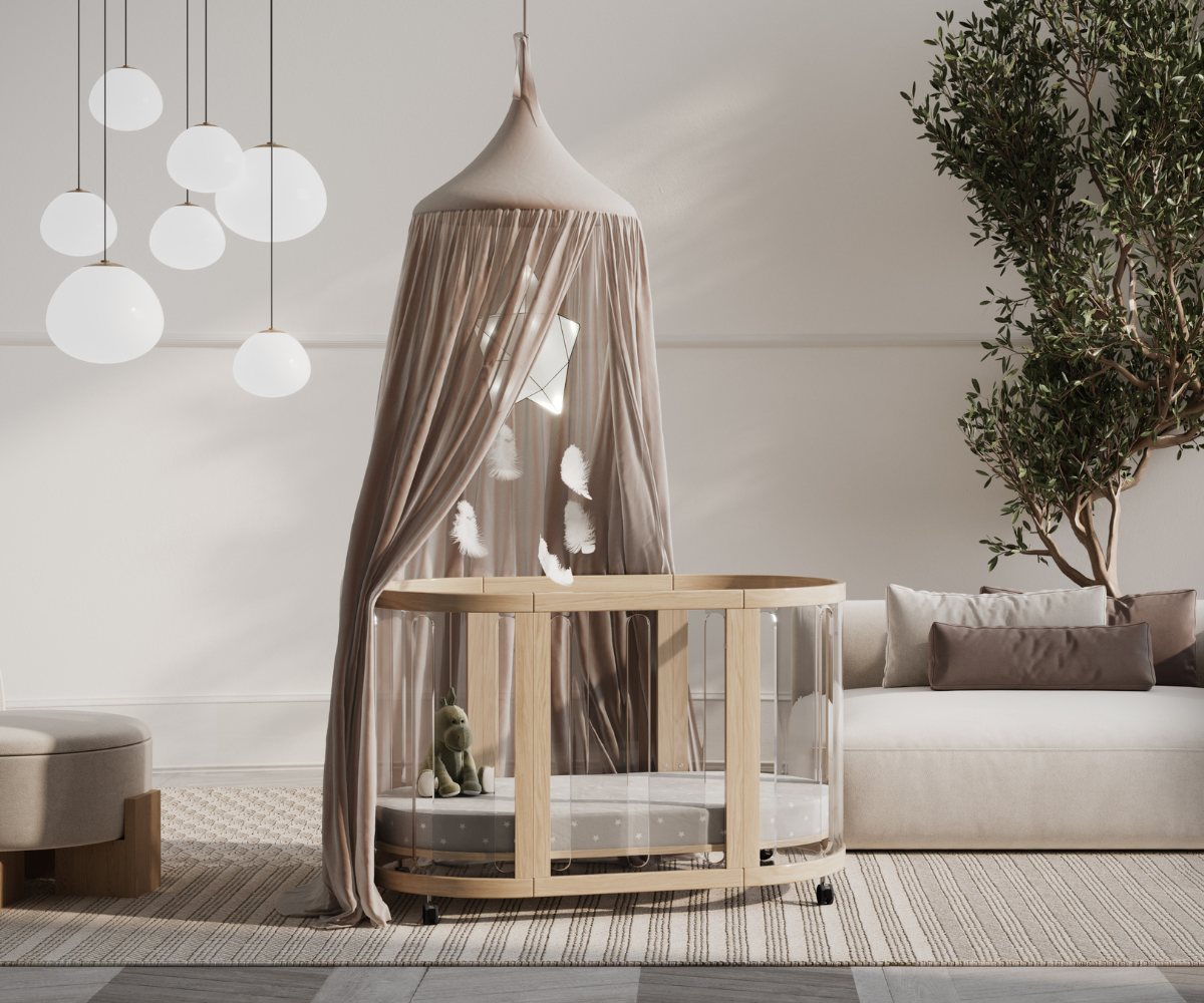 Modern wooden baby crib with transparent panels and canopy in stylish nursery, Babyhood GCC