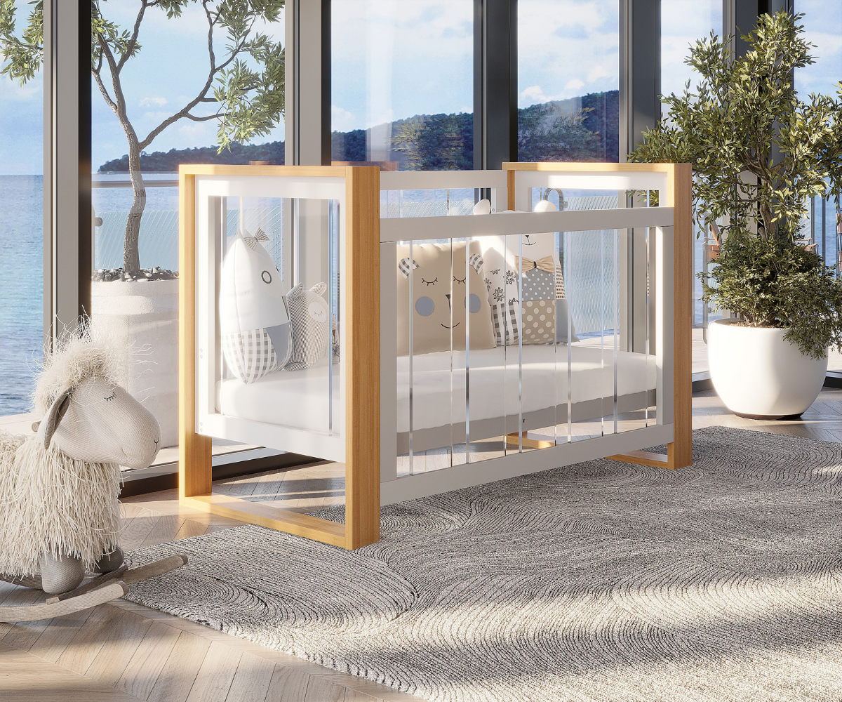 Modern baby cot with plush toys by large windows, coastal nursery decor, Babyhood GCC