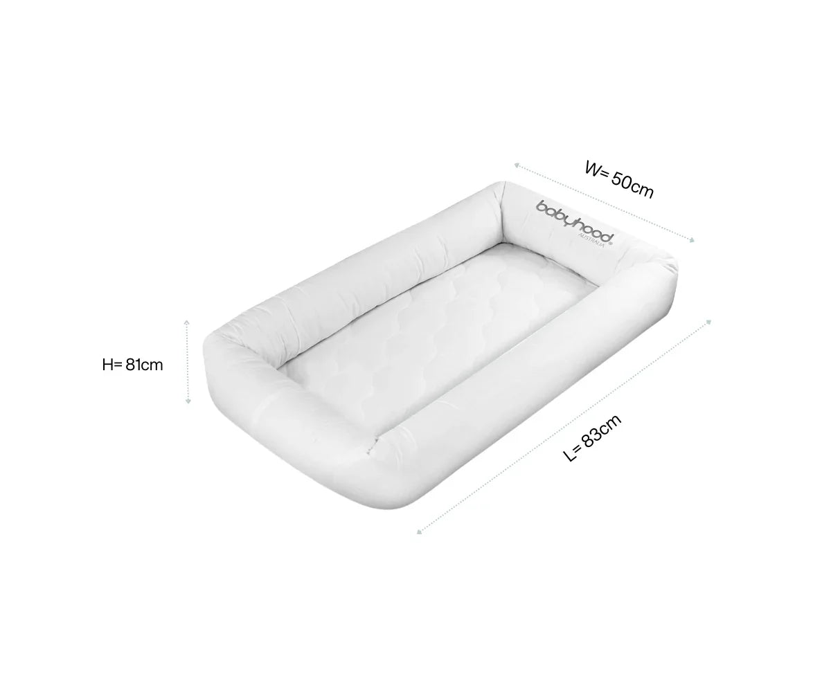 Babyhood GCC white baby lounger with raised padded sides, dimensions 83x50x81cm