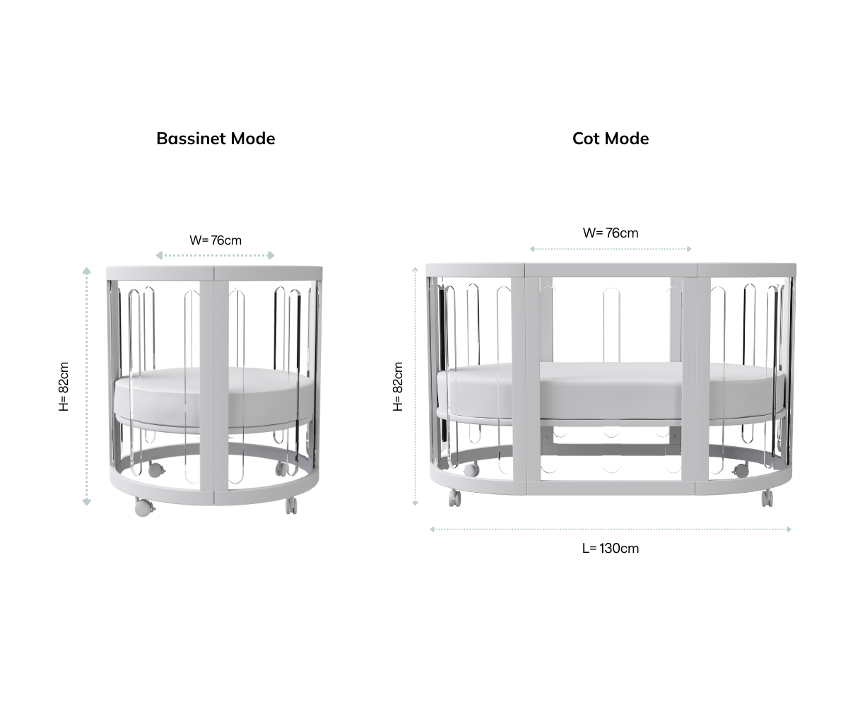 Babyhood GCC convertible white crib in bassinet and cot modes with measurements, 82cm height, 76cm width, 130cm length.