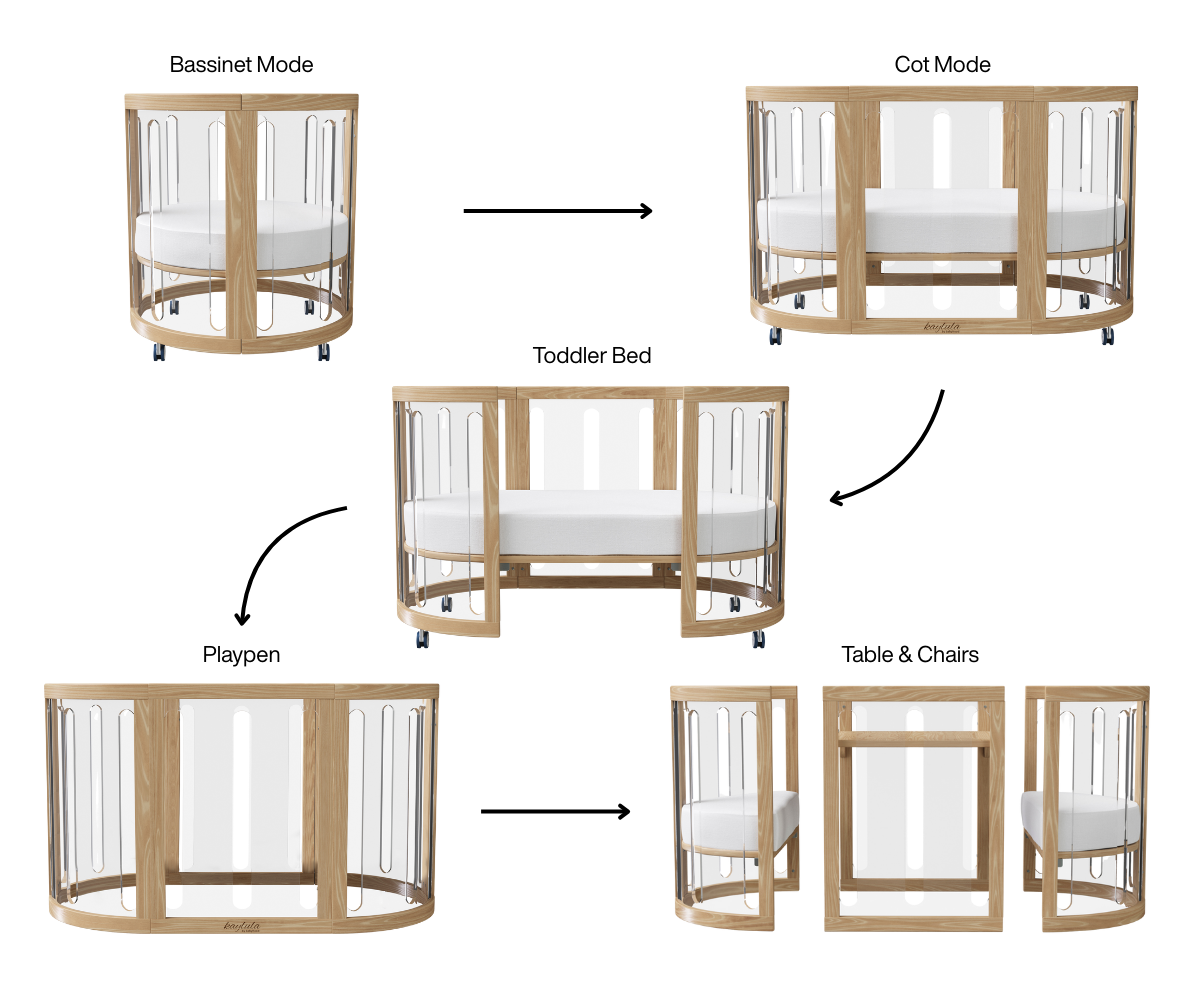 Beech wood convertible baby cot in bassinet, cot, toddler bed, playpen, table and chairs modes from Babyhood GCC.