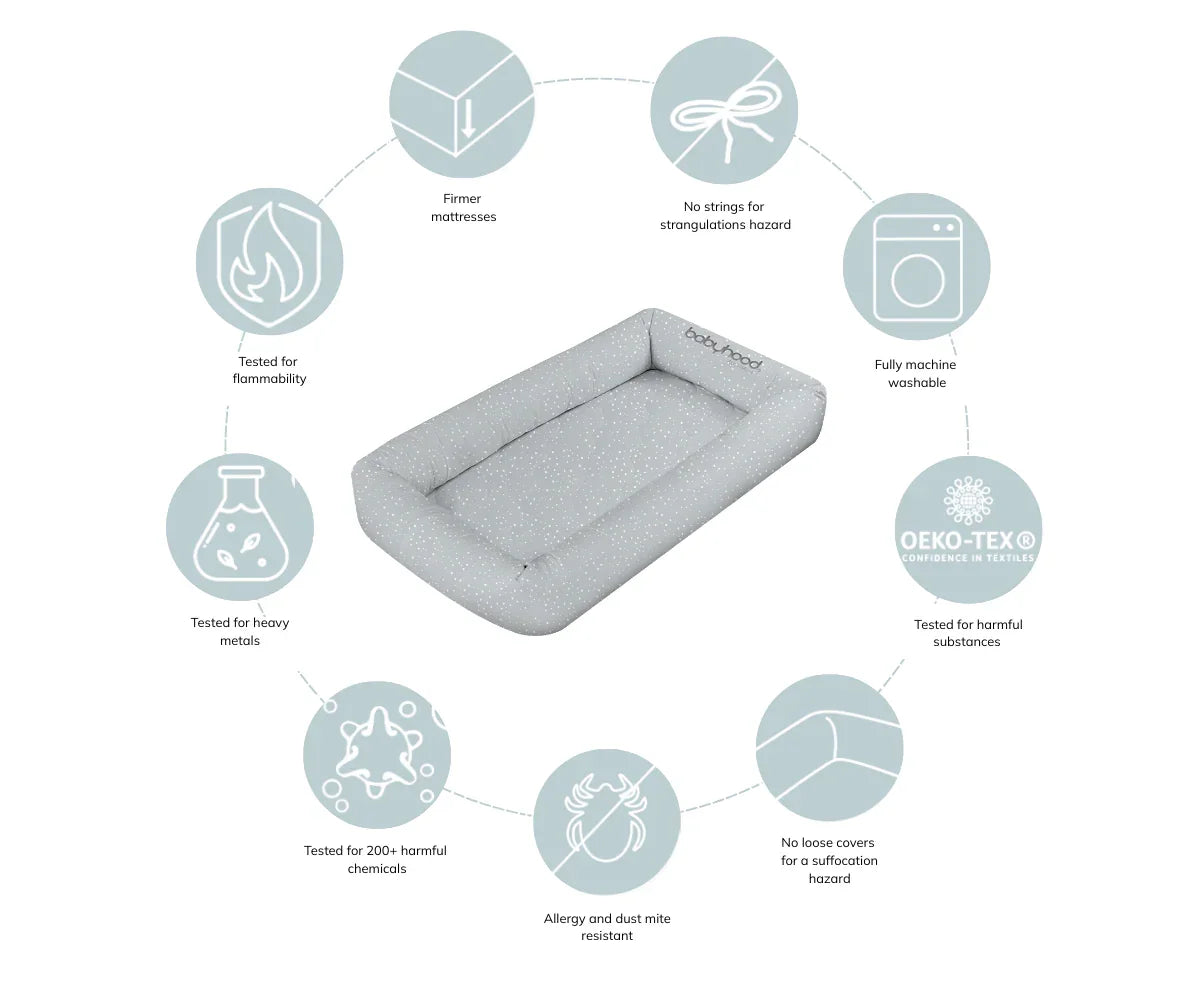 Babyhood GCC baby lounger with safety and health features, firm mattress, machine washable, OEKO-TEX certified.