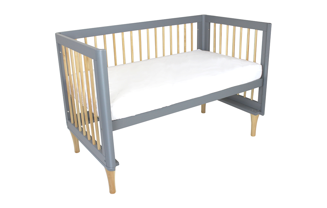 Grey two-seat baby cot with wooden slats and mattress, Babyhood GCC nursery furniture