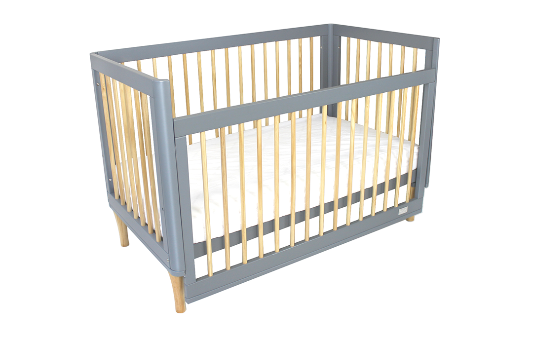 Grey baby cot with drop side and natural wood slats, Babyhood GCC nursery furniture