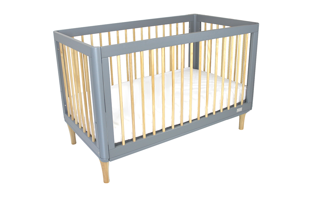 Grey and natural wood baby cot with dropside up, modern nursery furniture Babyhood GCC