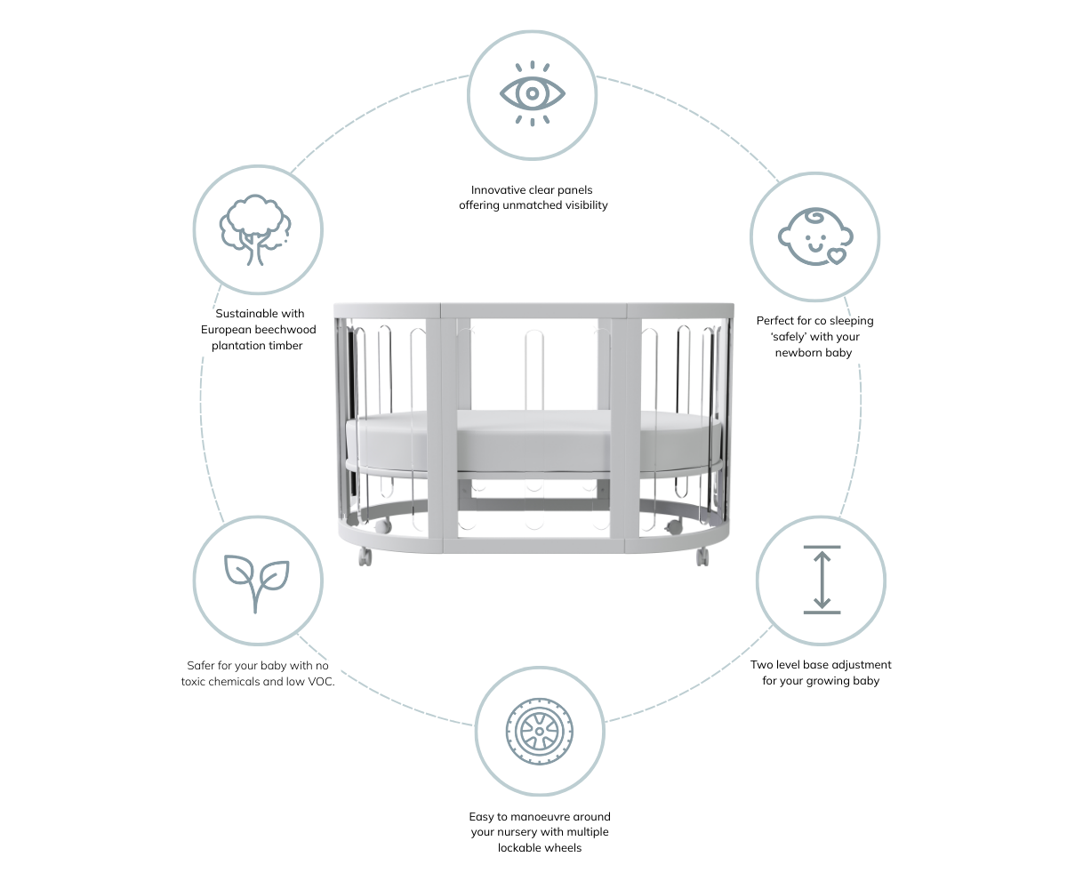 Modern round baby cot with clear panels, lockable wheels, beechwood, and nursery safety features