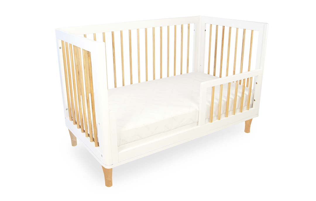 White and natural wood toddler bed with side rail, Babyhood GCC modern nursery furniture