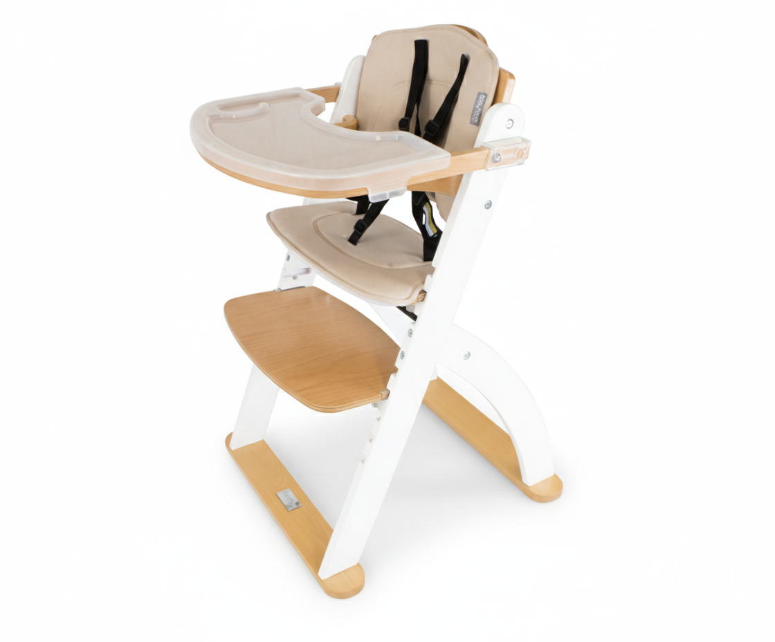 Baby in high chair at home, holding pink sippy cup, Babyhood GCC product