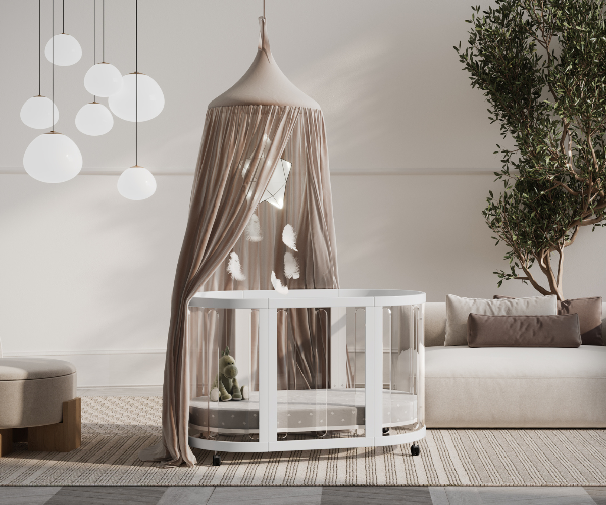 Modern nursery with Babyhood GCC white oval crib under taupe canopy, plush toy, and pendant lights