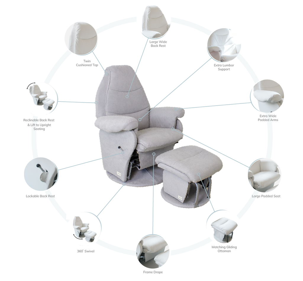 Vogue Feeding Glider Chair & Ottoman Steel Grey Fabric