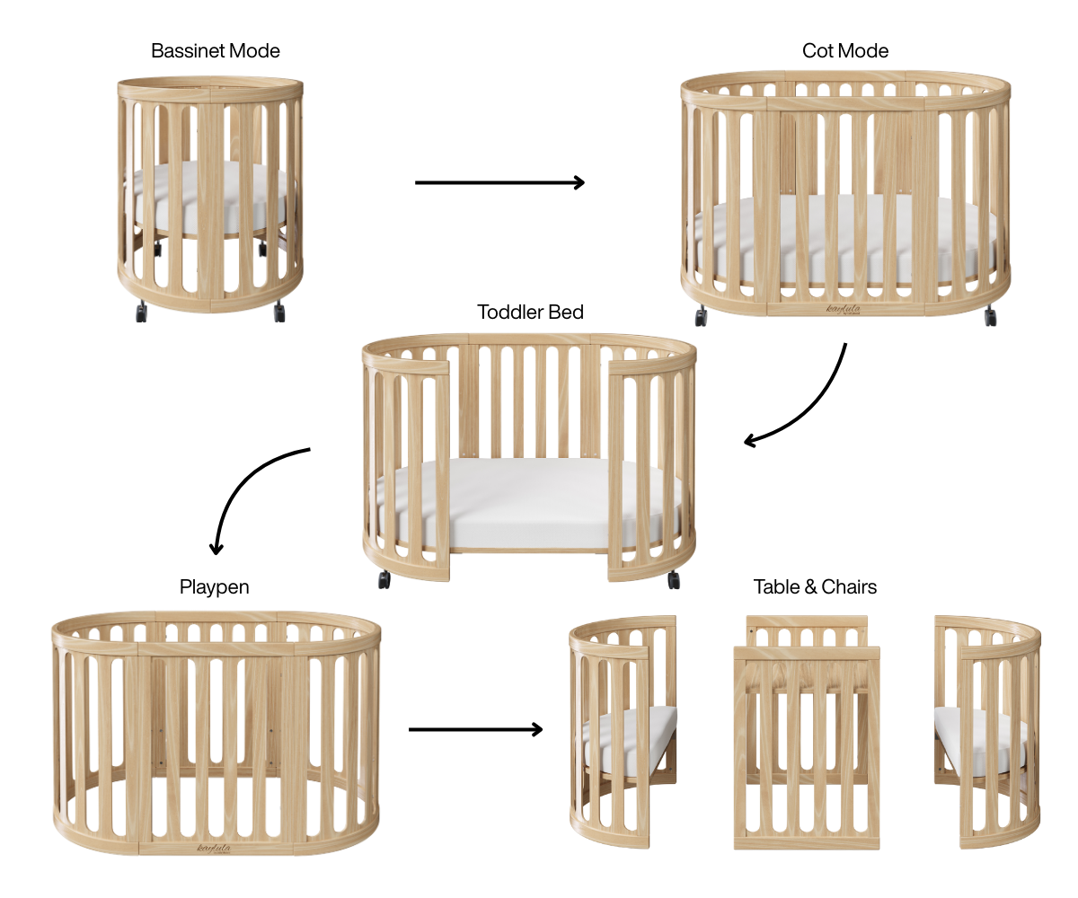 Convertible beechwood baby cot in bassinet, cot, playpen, toddler bed, table and chairs modes from Babyhood GCC.
