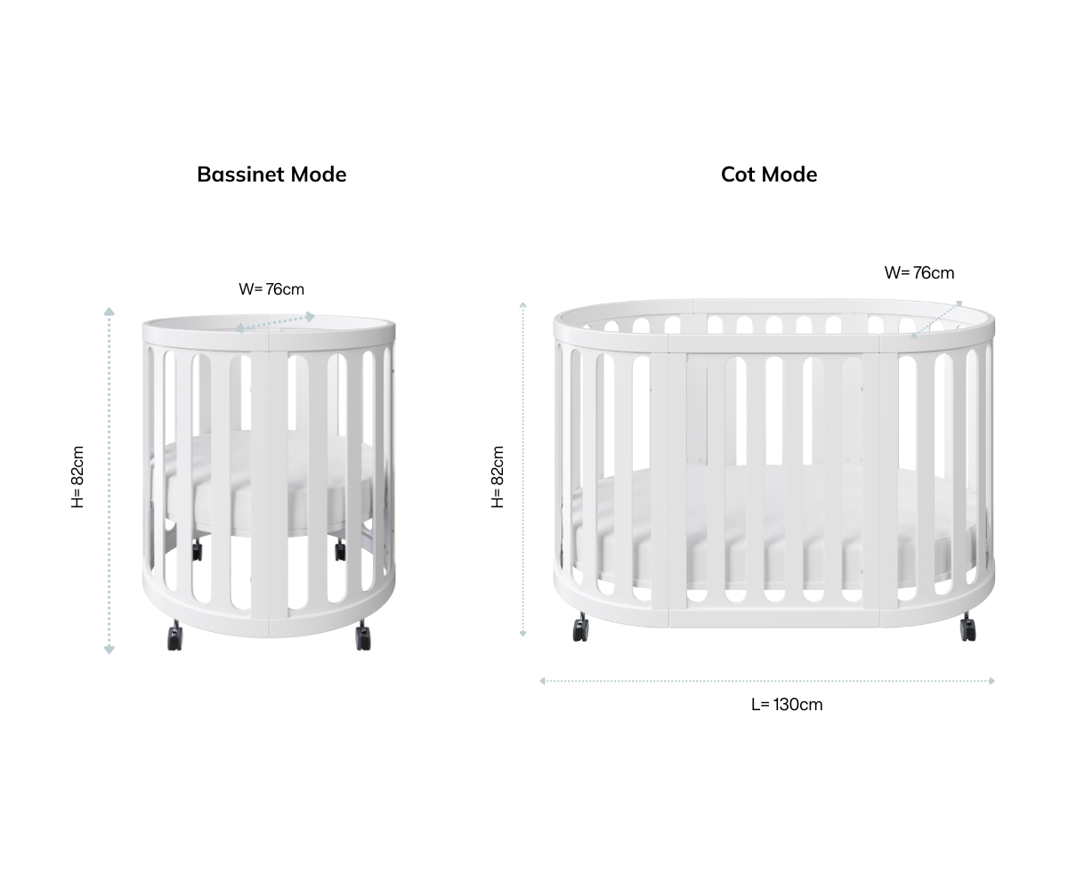 Babyhood GCC white convertible cot and bassinet dimensions, 76cm wide, 82cm high, 130cm long