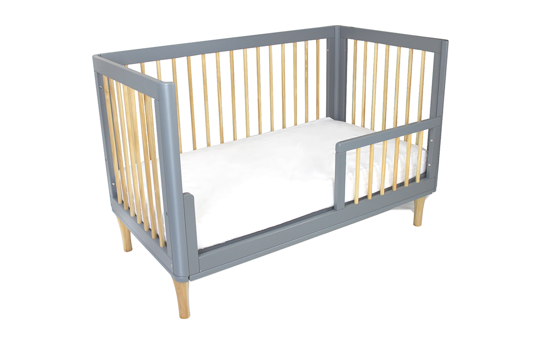 Grey wooden toddler bed with partial rail, modern design, Babyhood GCC nursery furniture