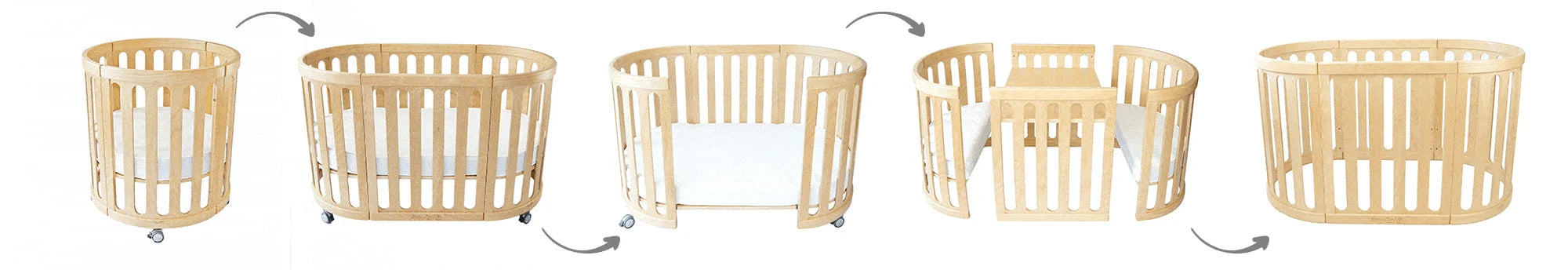 Natural Sova classic converting between bassinet, cot, toddler bed, table and chairs, and playpen