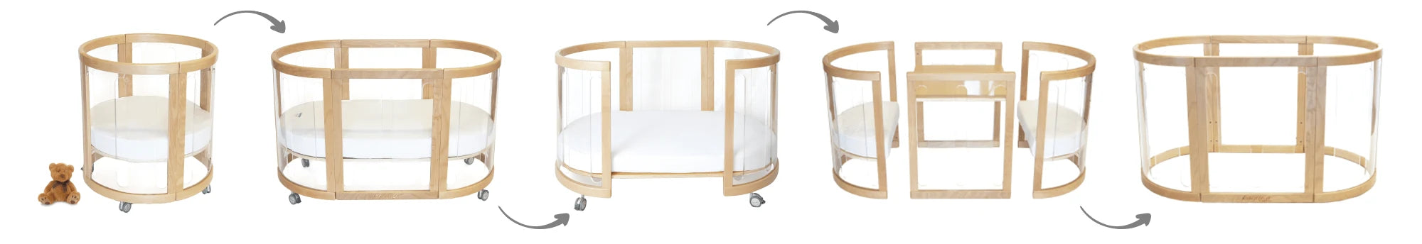 Natural Sova clear converting between bassinet, cot, toddler bed, table and chairs, and playpen